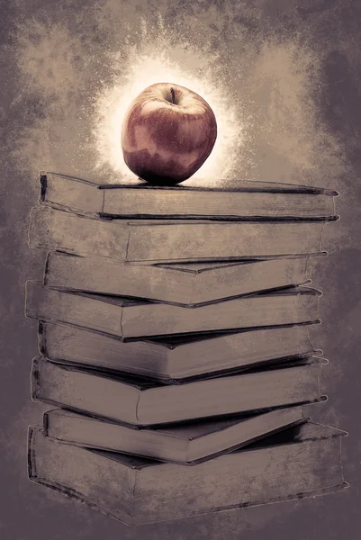 Pila de libros antiguos con una manzana en la parte superior — Foto de Stock