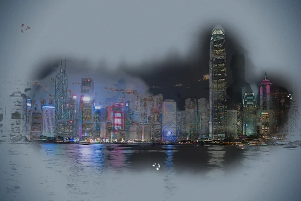 Hong Kong Adası ile gece ışıklı scyscrapes