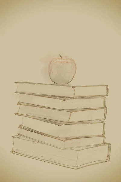 Stapelen van oude boeken met een appel op de top — Stockfoto