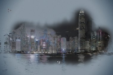 Hong Kong Adası ile gece ışıklı scyscrapes