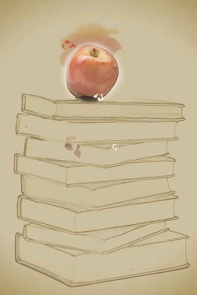 Pile de vieux livres avec une pomme sur le dessus — Photo