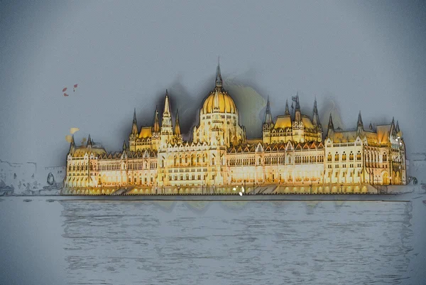 O edifício do Parlamento húngaro com illu brilhante e bonito — Fotografia de Stock