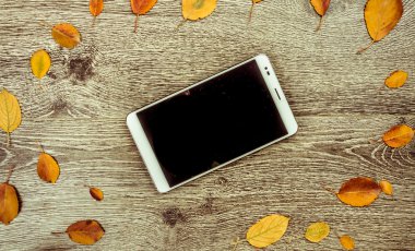 Beyaz modern tablet pc ile sonbahar yaprakları ile rustik klasik ahşap arka plan boş boş ekran.