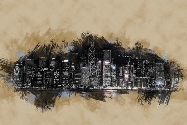 Hong Kong Adası ile gece ışıklı scyscrapes