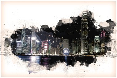 Hong Kong Adası ile gece ışıklı scyscrapes