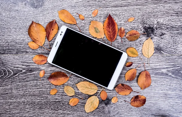 Branco moderno tablet pc com tela vazia em branco no fundo de madeira vintage rústico com folhas de outono . — Fotografia de Stock