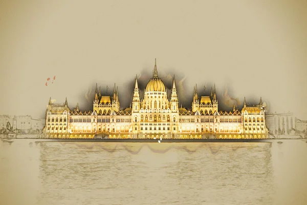 Здание венгерского парламента с яркой и красивой иллюминацией — стоковое фото
