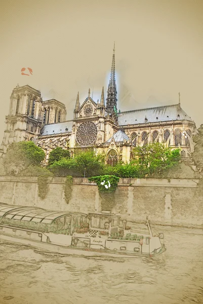 Notre-Dame et bateau, vue de la seine — Photo