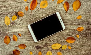 Beyaz modern tablet pc ile sonbahar yaprakları ile rustik klasik ahşap arka plan boş boş ekran.