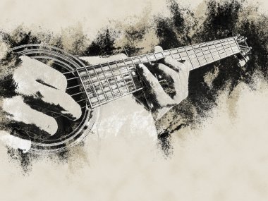Portre fotoğraf bir adam tarafından oynanan bir akustik gitar.