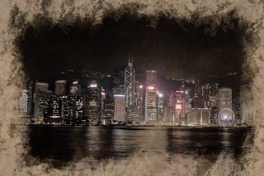 Hong Kong Adası ile gece ışıklı scyscrapes