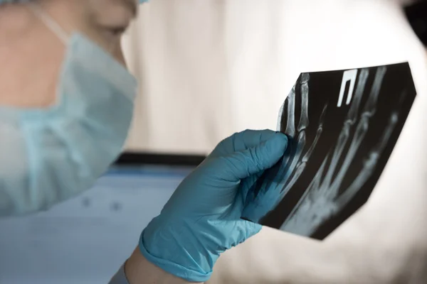 Een vrouwelijke arts is kijken naar een x- — Stok fotoğraf
