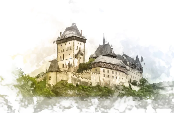Castillo de Karlstejn en colina verde, Praga — Vector de stock