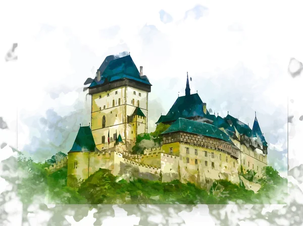 Castillo de Karlstejn en colina verde, Praga — Vector de stock