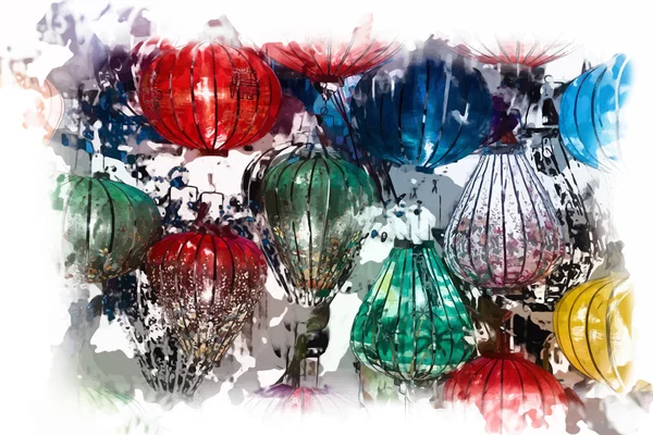 Lanternes nocturnes dans la vieille ville de Hoi An — Image vectorielle