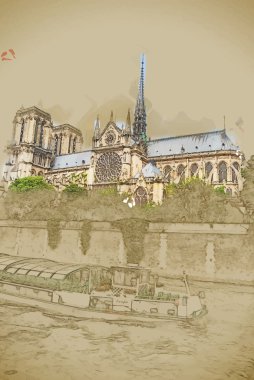 notre-dame and boat, view from Seine clipart