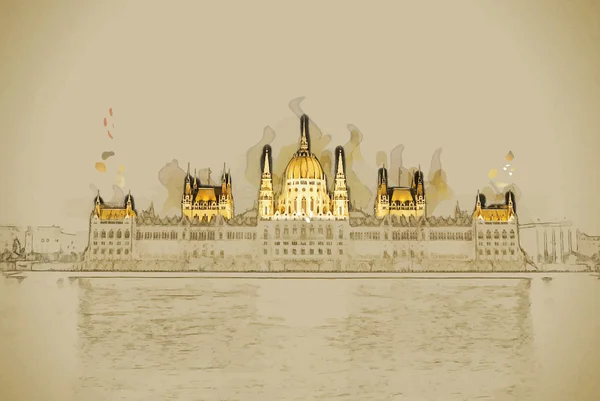 匈牙利国会大厦与明亮和美丽的错觉 — 图库矢量图片