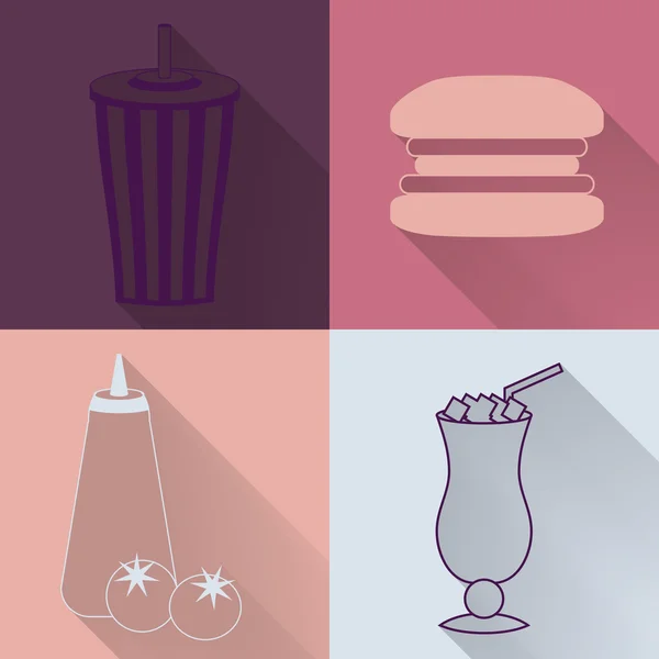 Conjunto de cuatro iconos de comida rápida de colores — Vector de stock