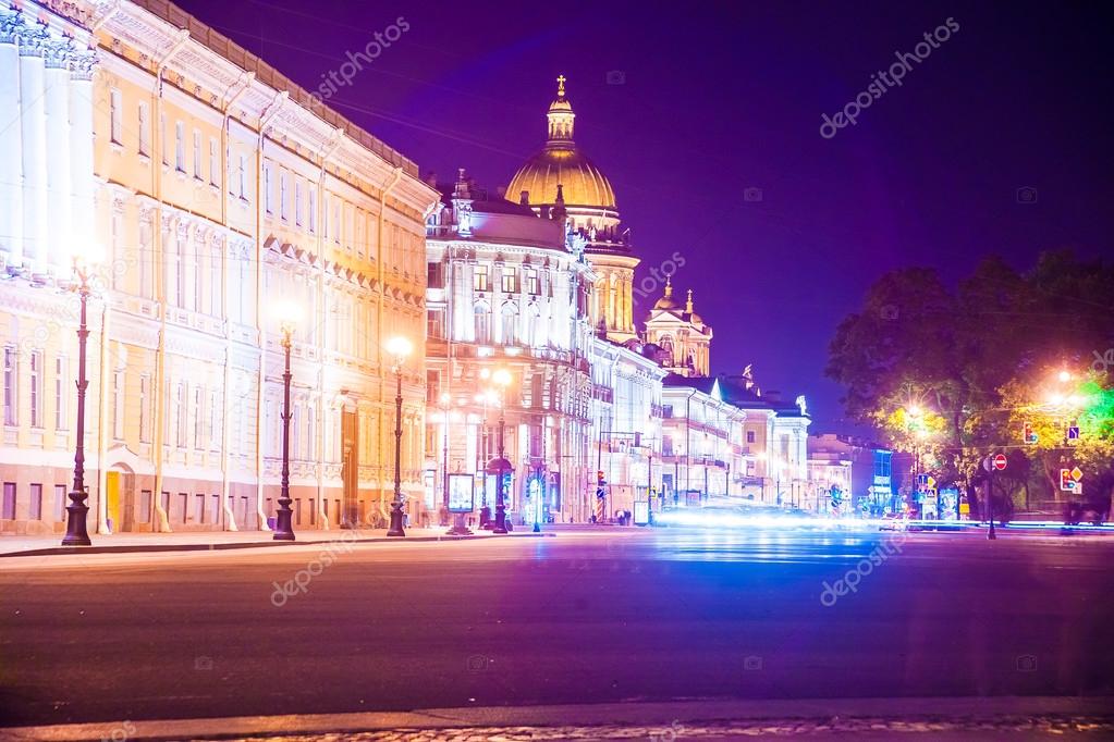 Beautiful night view of Nevsky Prospect and Isaacs Cathedral ne