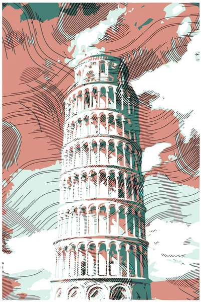 Famous pisan tower rendered with engraving effects. — Stock Vector