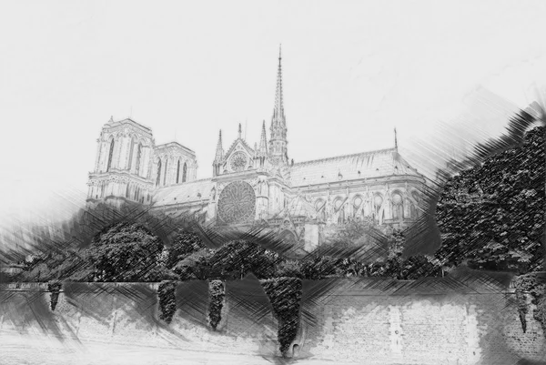 Kyrkan notre-dame, vy från seine — Stockfoto