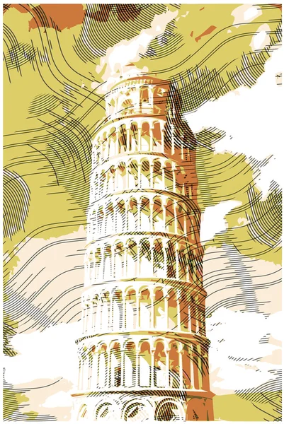 Tour pisane célèbre rendue avec des effets de gravure . — Image vectorielle