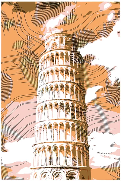 Famosa torre de pisan renderizada con efectos de grabado . — Vector de stock