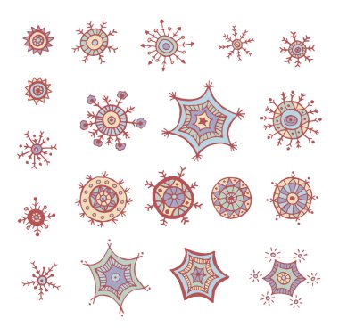 Elle çizilmiş renkli kar taneleri karalamalar