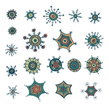 Elle çizilmiş renkli kar taneleri karalamalar