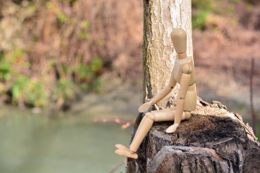 Arazide oturan tahta manken.