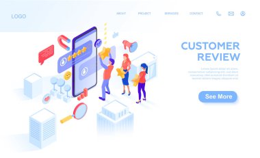 İnsanlar 5 yıldız, olumlu geri bildirim bırakarak, şehirdeki bir kurum, hizmet veya ürün hakkında not veriyorlar. Müşteriler olumlu bir not veriyor. Isometric, vektör illüstrasyonu