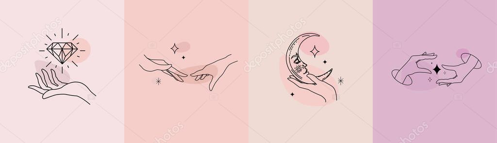 Set of female hand logos templates, emblems. Beauty, cosmetics, occultism, astrology, spirituality, chic, prestige. Logo design with various hand gestures. Linear compositions. Vector, flat illustrati