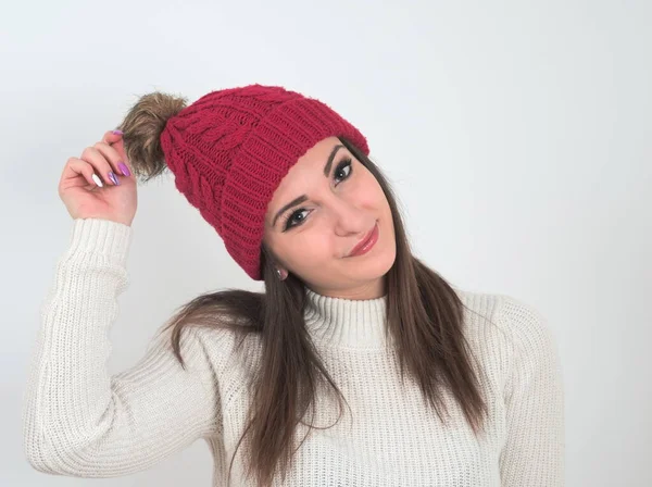 Studio Portrait Beautiful Brunette Woman Warm Red Hat — Stock Photo, Image