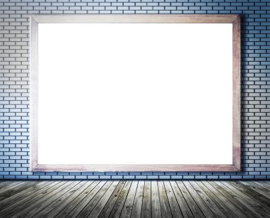 Tuğla duvar ahşap zemin, soyut patt ile boş beyaz tahta