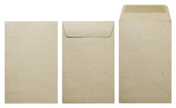 Коричневий конверт передній, задній і відкрите ізолювати на білому тлі. — стокове фото