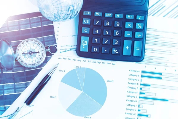 Graphs, charts, calculator, pen, compass on business table. The — Stock Photo, Image