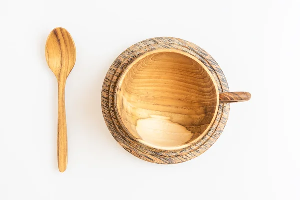 Ξύλινο καφέ ή τσάι Κύπελλο με ξύλινο κουτάλι σε κάτοψη, απομονωμένο — Φωτογραφία Αρχείου
