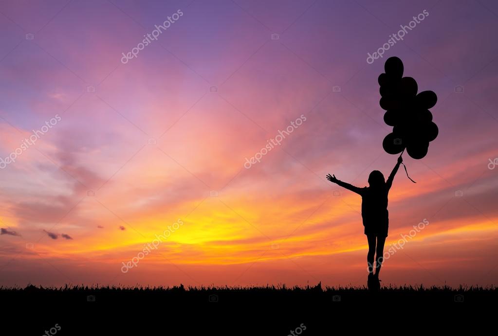 Silhouetted girl holding bunch of air balloons runing at sunset ⬇ Stock Photo, Image by © tawanlubfah #89910130