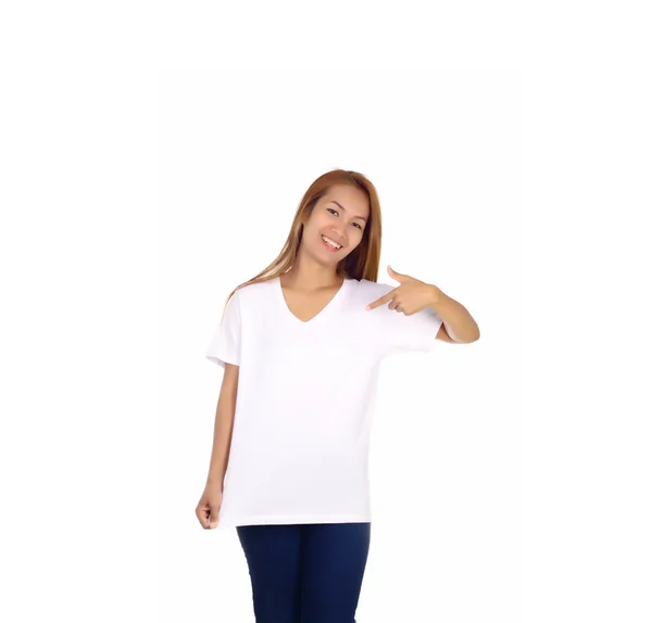 Smiling Woman Pointing Blank White Shirt — Stock Photo, Image
