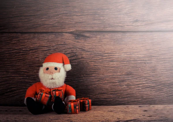 Karácsonyi Santa Claus Ajándék Doboz Fából Készült Háttér — Stock Fotó
