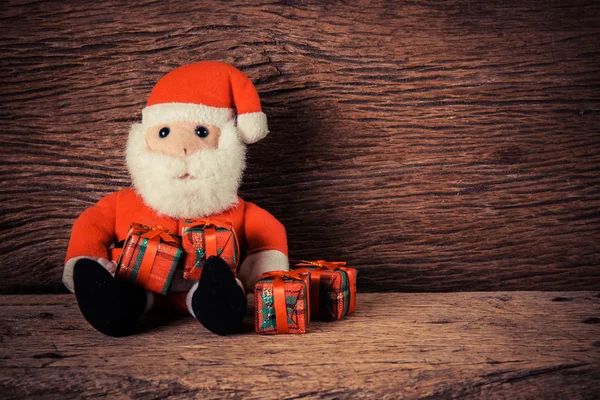 Karácsonyi Santa Claus Ajándék Doboz Fából Készült Háttér — Stock Fotó