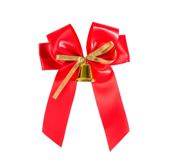 Goldene Glocke Mit Roter Satinschleife Isoliert Auf Weiß — Stockfoto