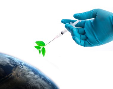 Şırınga tutarak bir mavi eldiven el, dünyanın güvenli bitki dünya kavramı, Nasa tarafından döşenmiş bu görüntü unsurları enjekte