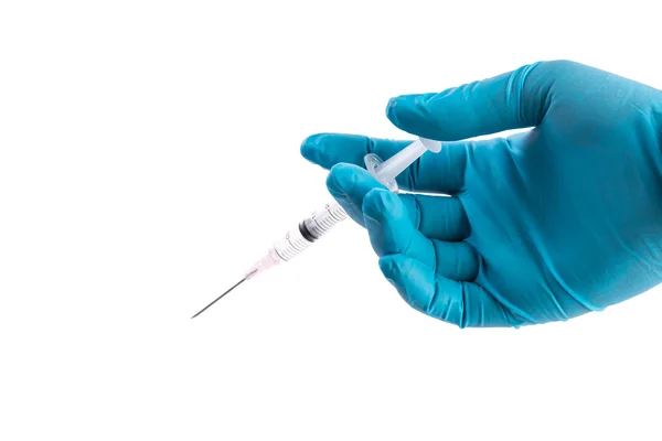 Hand Een Bedrijf Met Blauwe Handschoen Syringe Geïsoleerd Witte Achtergrond — Stockfoto