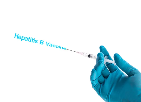Ruku Modré Rukavice Držte Stříkačku Hepatitidou Textem Izolované Bílém — Stock fotografie