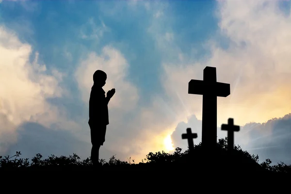 Silhouette Boy Praying Cross Heavenly Cloudscape Sunset Concept Religion Worship — Stock Photo, Image