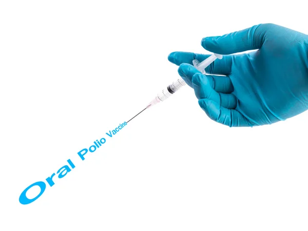 Main Dans Une Seringue Gants Bleus Avec Texte Vaccin Oral — Photo