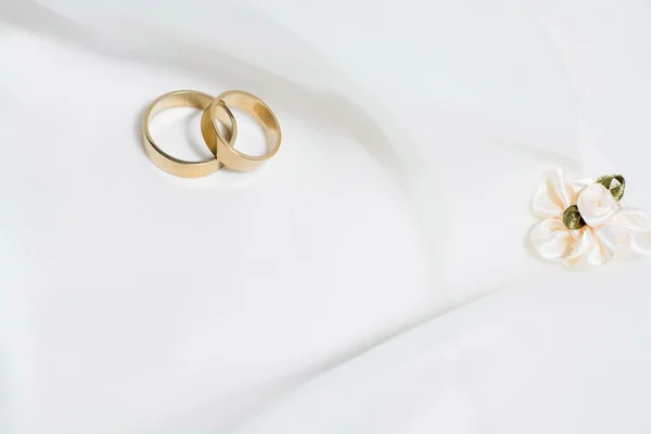 Two Wedding Rings Laying Wedding Dress — Stock Photo, Image