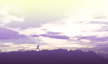  gökyüzü için atlama ve mutlu zaman, Sillhouette kavramı sahip küçük çocuk