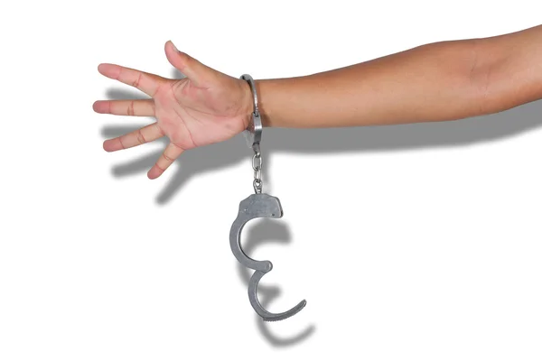 Handcuffs Hand White Backgroun — Stock Photo, Image